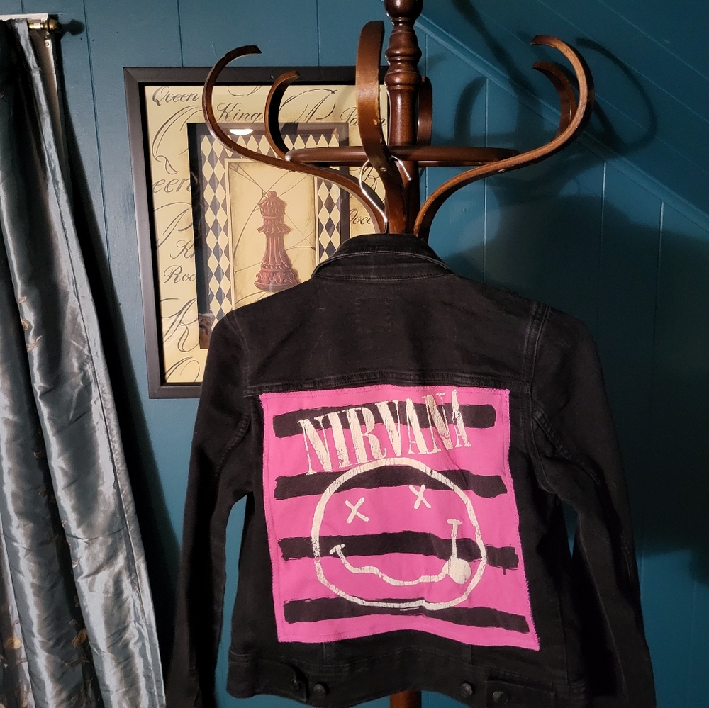 Old Navy Black Denim Small jacket,  Nirvana Applique